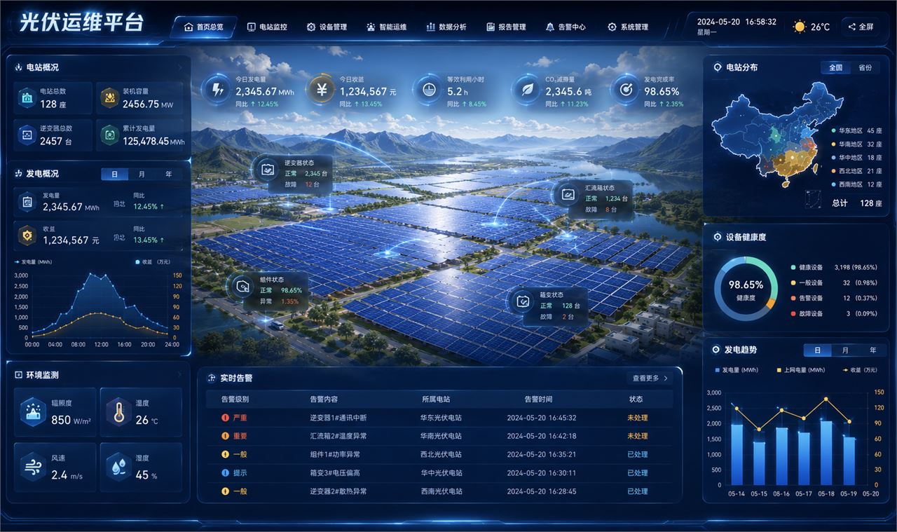 北京泓珊科技有限公司能源监管与光伏运维数据可视化大屏真实案例界面